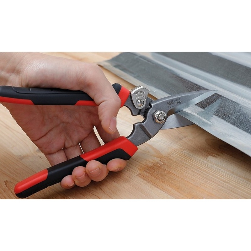 "BESSEY Multi-Purpose Cutter in action, slicing through steel with serrated slip-proof blades, demonstrating precision and ease for roofing and trade work.